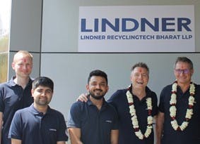 From left, Patryk Max, Chirag Verma, Ganesh Karankal, Gerhard Gamper and Manuel Lindner celebrate the foundation of Lindner Recyclingtech Bharat LLP, which is headquartered in Delhi, India.