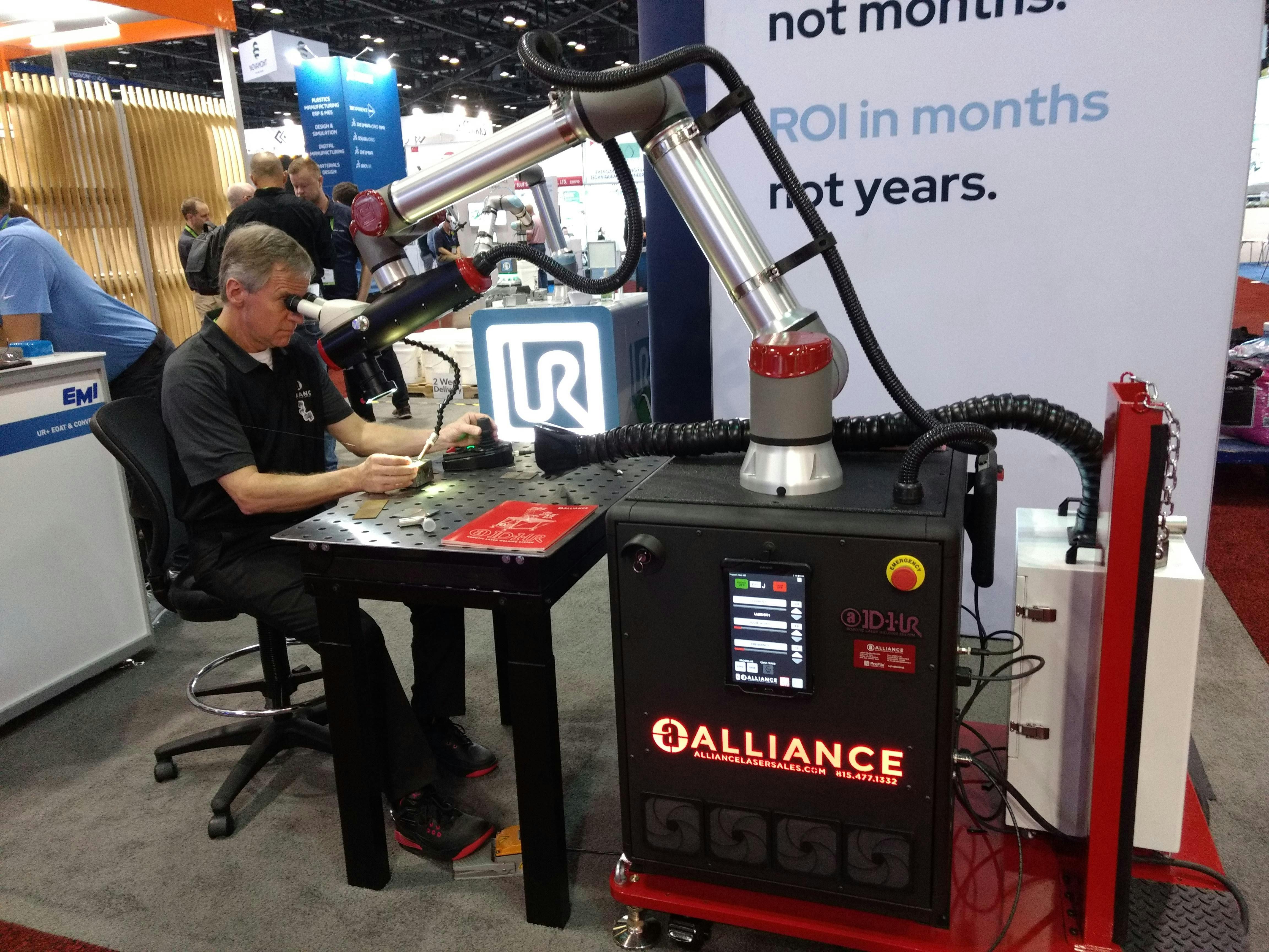 Alliance Specialties and Laser Sales has paired a solid-state laser welder with a Universal Robots cobot that can be used for mold repair. Scott Erickson, senior R&D laser process engineer, shows it off at NPE2024.