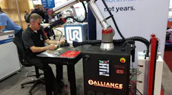 Alliance Specialties and Laser Sales has paired a solid-state laser welder with a Universal Robots cobot that can be used for mold repair. Scott Erickson, senior R&D laser process engineer, shows it off at NPE2024.