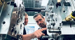 Arburg technicians work on a machine at the company’s Rocky Hill, Conn., facility. Between that site and Arburg’s headquarters in Germany, the company has performed more than 20 material trials for customers, helping them assess processability and optimize variables such as wall thickness. Materials that Arburg or its customers have worked with include paper, fiberglass cellulose and plant fiber. Arburg technicians work on a machine at the company’s Rocky Hill, Conn., facility. Between that site and Arburg’s headquarters in Germany, the company has performed more than 20 material trials for customers, helping them assess processability and optimize variables such as wall thickness. Materials that Arburg or its customers have worked with include paper, fiberglass cellulose and plant fiber.