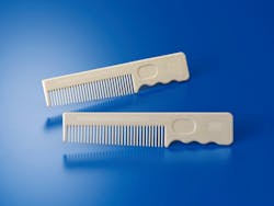 A new standard screw, designed to minimize issues caused by poor plasticization, was incorporated into a Nissei NEX80Ⅴ-9E injection molding machine that made these combs at NPE2024. The combs are made of poly(3-hydroxybutyrate-co-3-hydroxyvalerate), commonly known as PHBV, whiich is a plant-based material derived from corn or cassava. In the presence of micoorganisms, the material breaks down into water and CO2. A new standard screw, designed to minimize issues caused by poor plasticization, was incorporated into a Nissei NEX80Ⅴ-9E injection molding machine that made these combs at NPE2024. The combs are made of poly(3-hydroxybutyrate-co-3-hydroxyvalerate), commonly known as PHBV, whiich is a plant-based material derived from corn or cassava. In the presence of micoorganisms, the material breaks down into water and CO2.