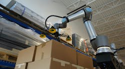 Robotiq's AX-series palletizers use a Universal Robots cobot. Robotiq's AX-series palletizers use a Universal Robots cobot.