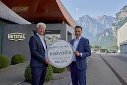 Netstal CEO Renzo Davatz, right, and Michael Rocholl, head of quality and process management, hold the company’s Ecovadis silver medal. Netstal CEO Renzo Davatz, right, and Michael Rocholl, head of quality and process management, hold the company’s Ecovadis silver medal.