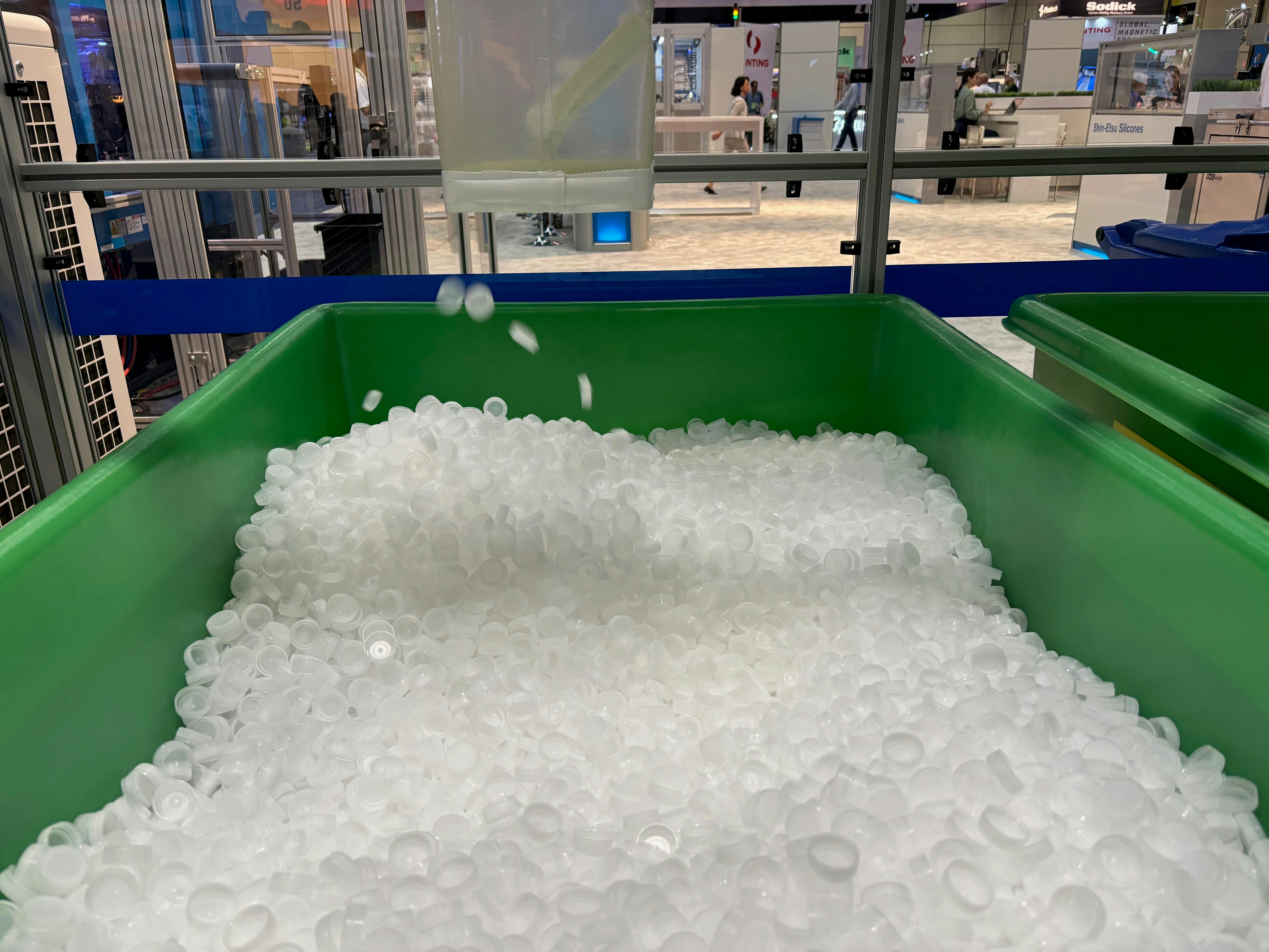 Plastic parts were collected in green bins for transport to the onsite recycling centers at NPE2024.