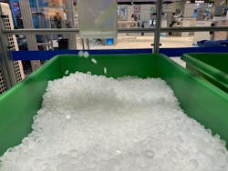 Plastic parts were collected in green bins for transport to the onsite recycling centers at NPE2024. Plastic parts were collected in green bins for transport to the onsite recycling centers at NPE2024.