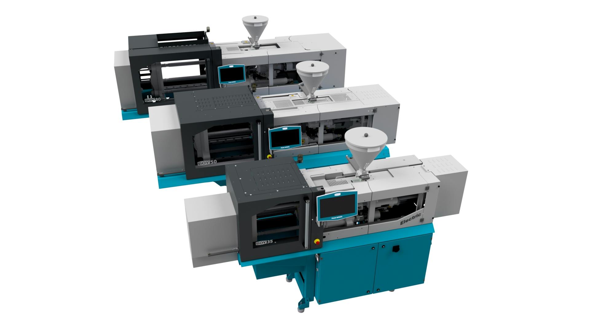 Introduced in October at Fakuma, Boy's latest injection molding machines (IMMs), the Electric series, join other hybids already in the market. The compact, two-platen servo-hydraulic machines are available with clamping forces from 35 tons to 800 tons.