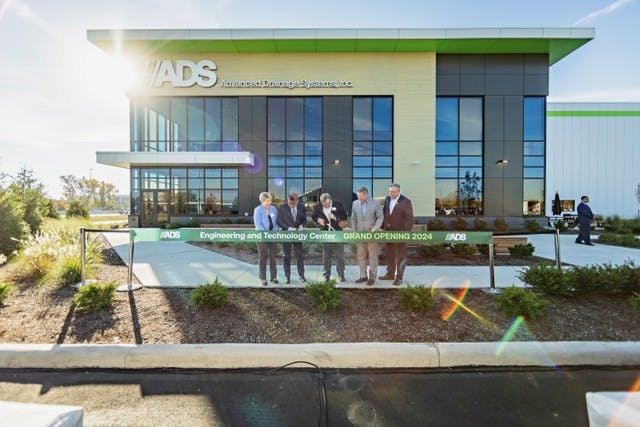 Hilliard, Ohio, City Manager Michelle Crandall, Ohio Rep. Mike Carey (R-15), ADS CEO Scott Barbour, Ohio Lt. Gov., Jon Husted and One Columbus CEO Kenny McDonald cut a ribbon celebrating the opening of Advanced Drainage Systems' new Engineering and Technology Center in Hilliard, Ohio.