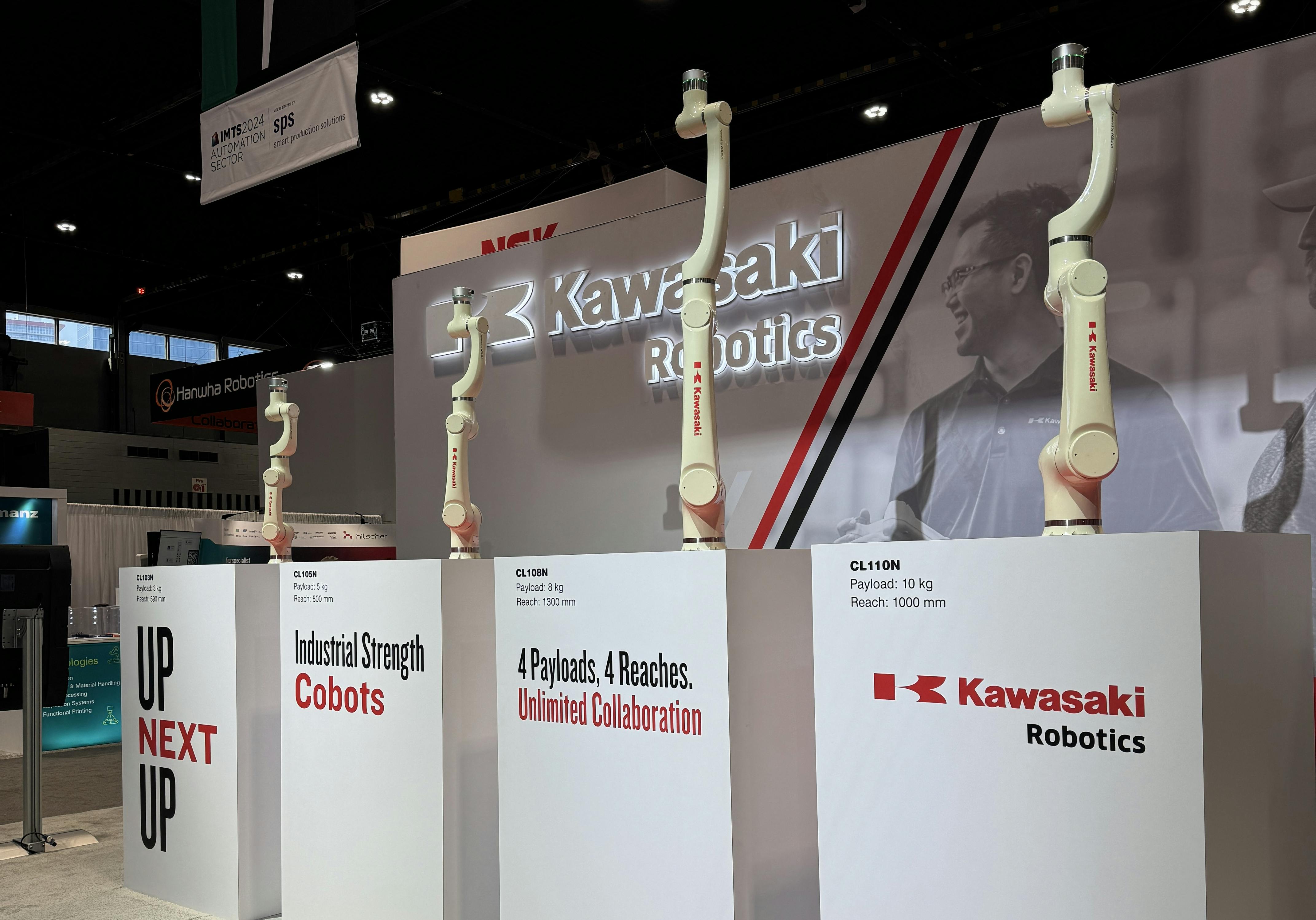 Kawasaki's new CL-series cobots are shown on the IMTS floor.