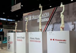 Kawasaki's new CL-series cobots are shown on the IMTS floor. Kawasaki's new CL-series cobots are shown on the IMTS floor.