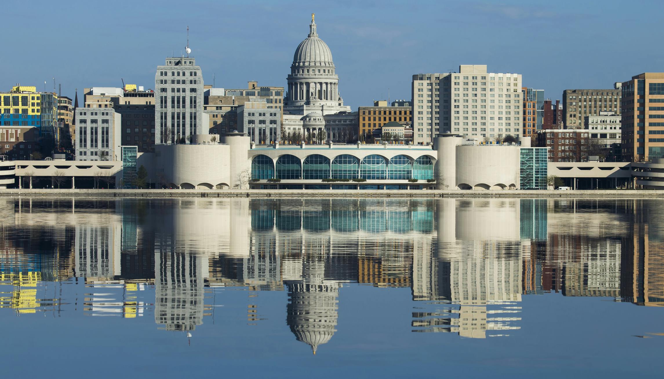 Skyline of Madison, Wisconsin featuring the Monona Terrace convention center.