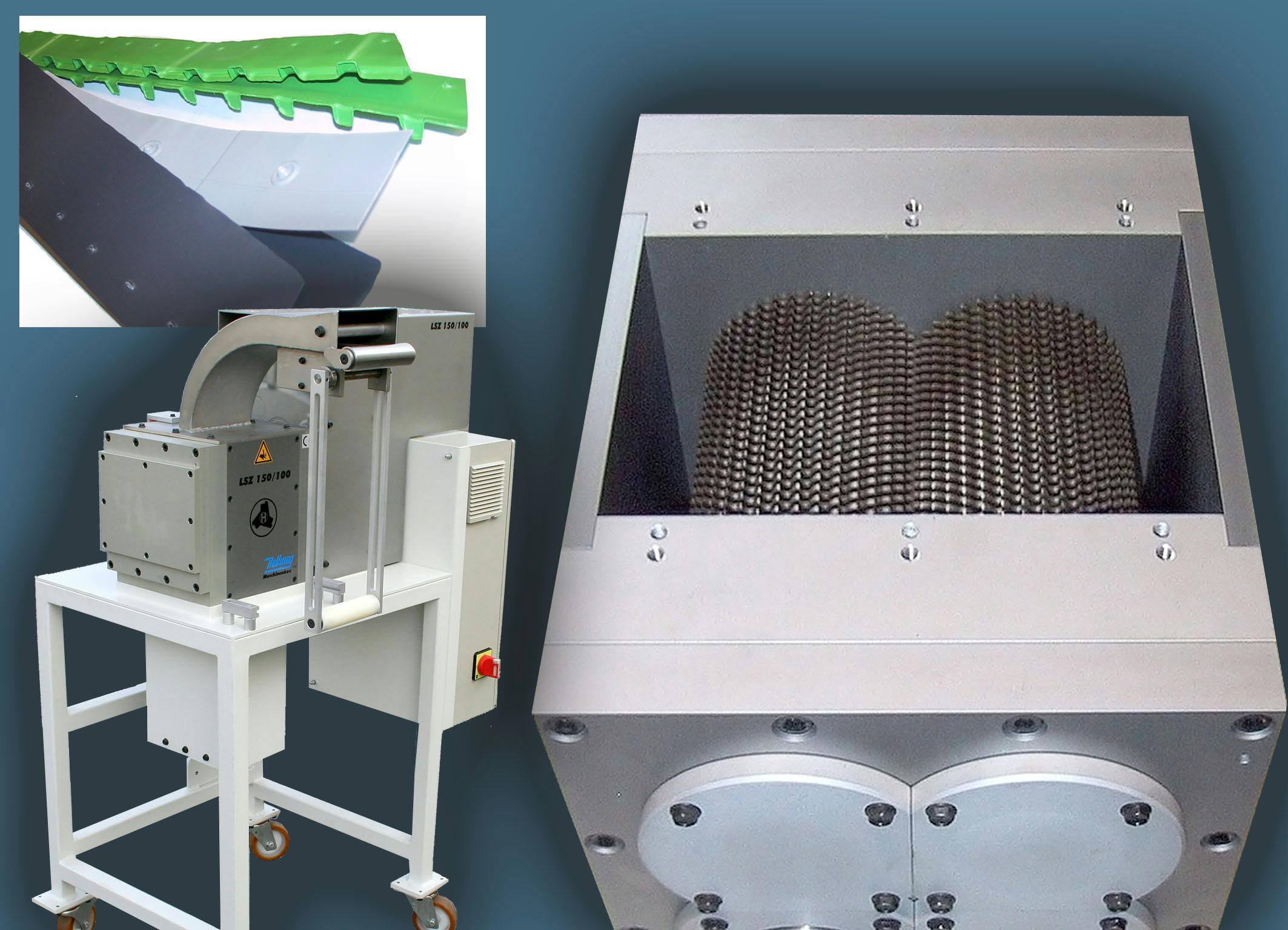 This Hellweg shredder handles heavily profiled thermoformed trim strips.