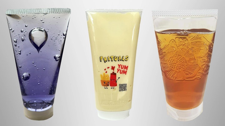 Squeeze containers made with Delta Engineering's 'Bottle-to-Tube' process are made of clear, recyclable PET and can be embossed and decorated.