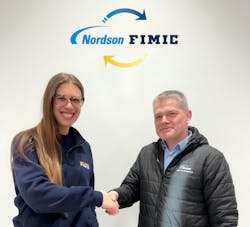 Erica Canaia, left, is CEO of Fimic Srl; Sven Conrad is Nordson BKG global segment development director. Erica Canaia, left, is CEO of Fimic Srl; Sven Conrad is Nordson BKG global segment development director.