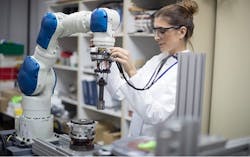 Cobots employ laser safety scanners so they can work in close proximity to people. Cobots employ laser safety scanners so they can work in close proximity to people.