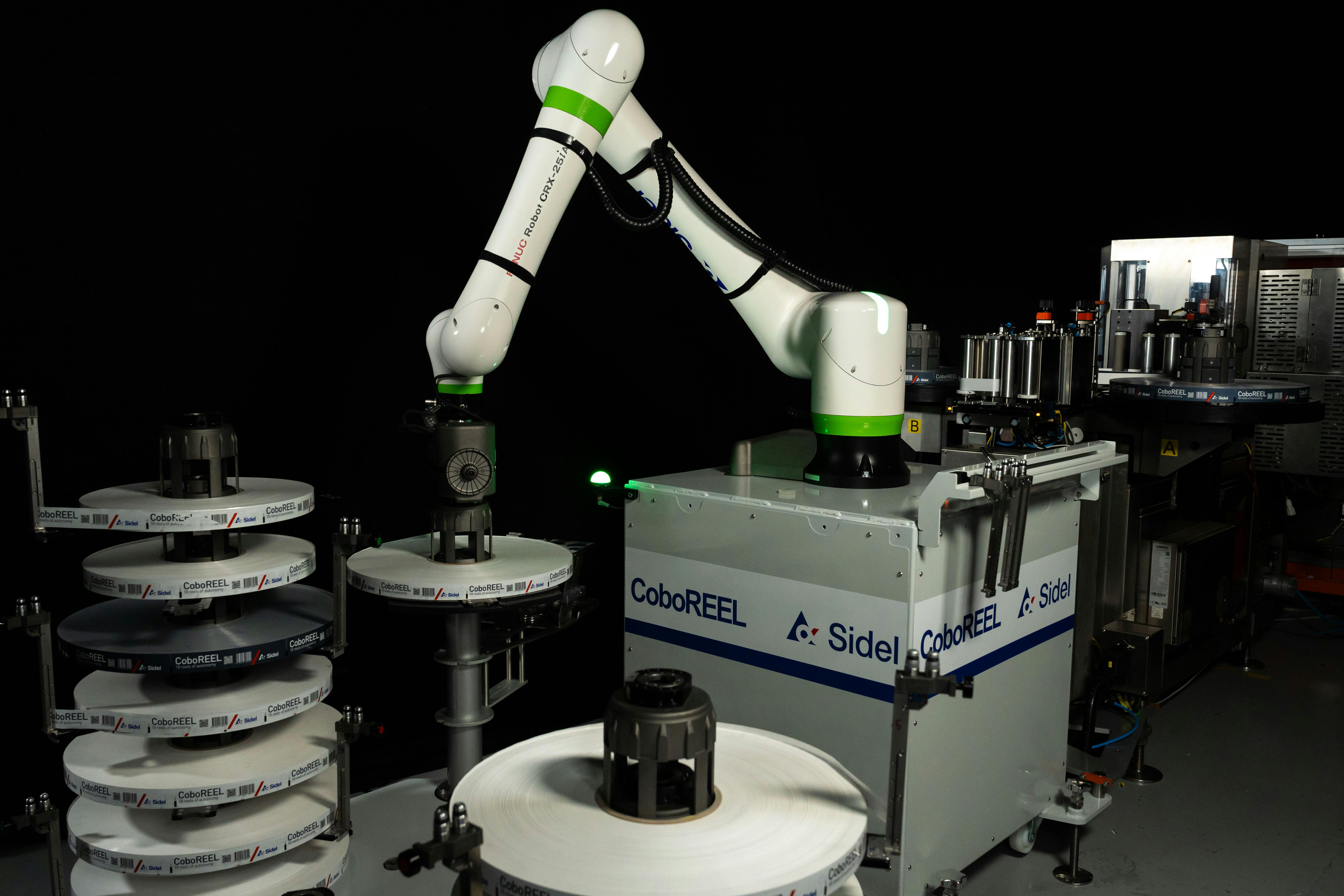 The Sidel CoboReel employs a cobot to change reels of labels for bottling.
