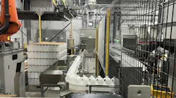 This automatic palletizer is handling 64-ounce bottles on 44-inch by 56-inch pallets.