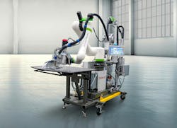 FANUC's adhesive dispensing system combines a cobot, metering system and vision software on a mobile cart. FANUC's adhesive dispensing system combines a cobot, metering system and vision software on a mobile cart.