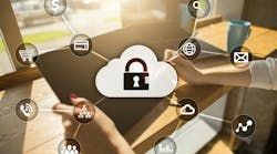 Woman's hands holding tablet overlaid with cybersecurity icons Woman's hands holding tablet overlaid with cybersecurity icons