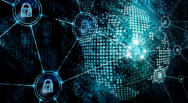 Connected computer systems with locks against a globe backdrop