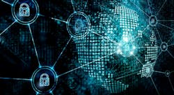 Connected computer systems with locks against a globe backdrop Connected computer systems with locks against a globe backdrop