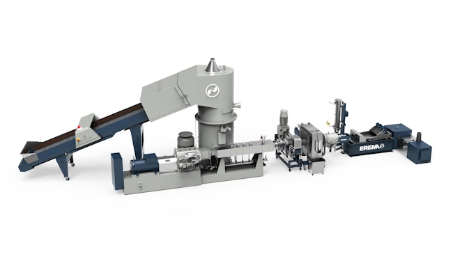 The Erema TwinPro system for recycling film and thin-wall packaging combines a preconditioning unit with a twin-screw extruder.