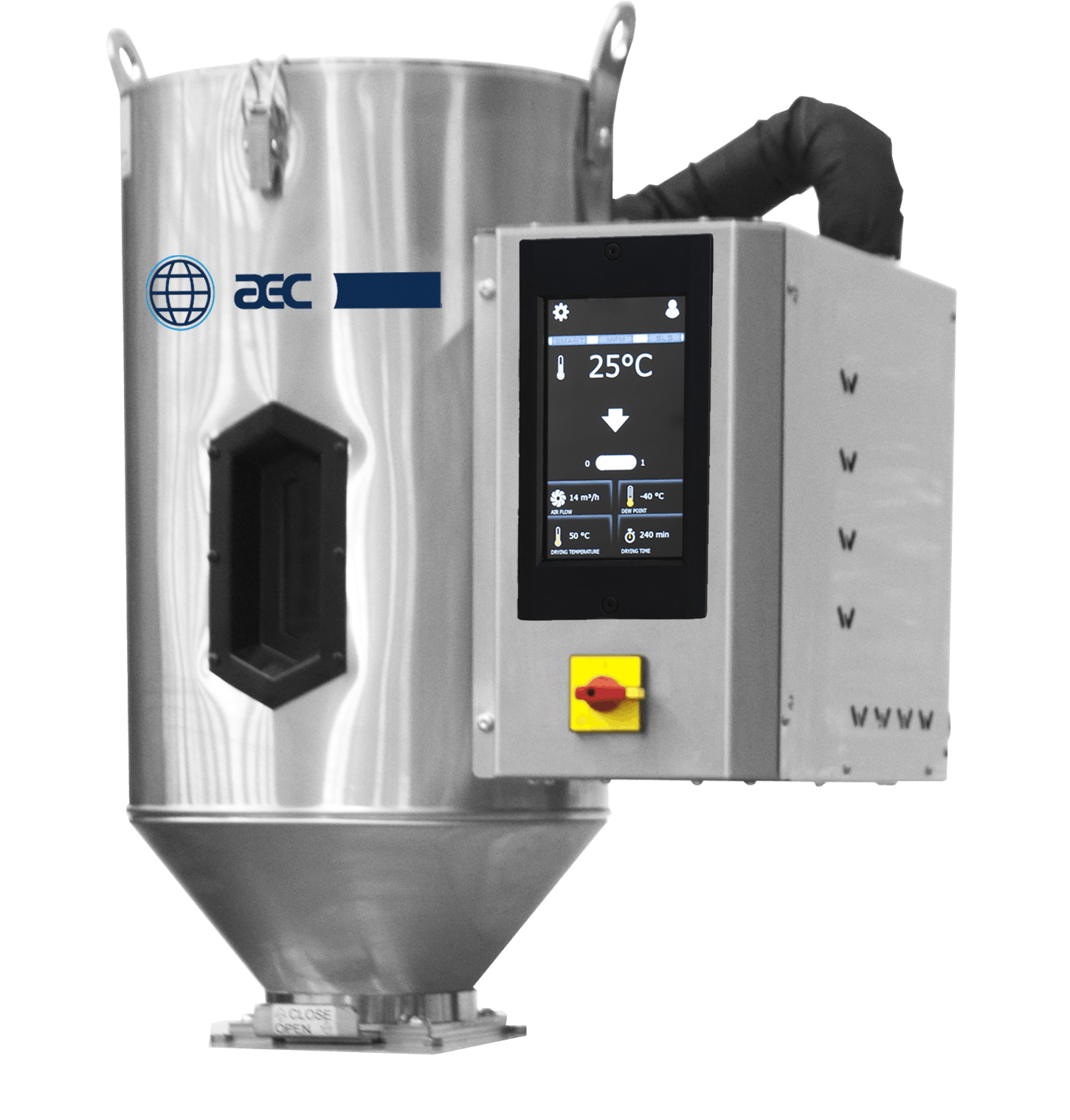 An ADW wheel dryer by AEC for plastics processing on a cart.