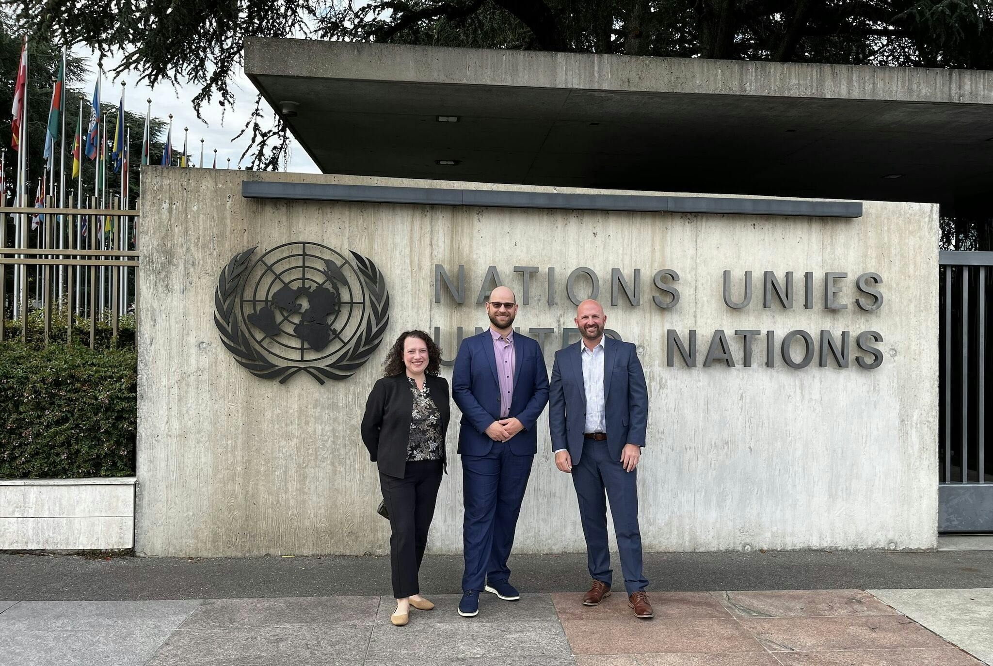 From left, Hodayah Finman, senior director of regulatory affairs; Patrick Krieger, senior VP of sustainability and policy; and Matt Seaholm, PLASTICS president and CEO, traveled to Geneva to join the Intergovernmental Negotiating Committee negotiations on a Global Plastics Treaty.