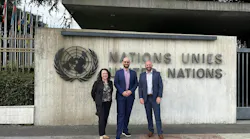 From left, Hodayah Finman, senior director of regulatory affairs; Patrick Krieger, senior VP of sustainability and policy; and Matt Seaholm, PLASTICS president and CEO, traveled to Geneva to join the Intergovernmental Negotiating Committee negotiations on a Global Plastics Treaty.