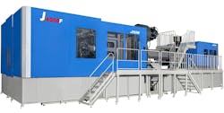 JSW joined the big, electric injection molding machine trend in June when it introduced the two-platen 4,400-ton J4000F-22000H. JSW joined the big, electric injection molding machine trend in June when it introduced the two-platen 4,400-ton J4000F-22000H.