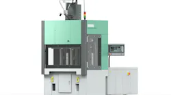 Arburg's Allrounder 475 V vertical injection molding machine has about 112 tons of clamping force within a small footprint. It uses a new control called Gestica lite.