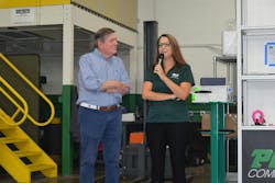 PCS Co. President Angela Elsey honors former company co-owner Jim Stuart earlier this summer during a party marking the company's 75th anniversary. “Seventy-five years is unbelievable,” Elsey told PCS staff during a short presentation at the luncheon. “I can’t be more proud to be just a small part of the 75-year history and so grateful to all of you.' Stuart, the son of the founder of PCS, attended the event along with several retired PCS employees. He received a machined ejector pin to commemorate his legacy “My father and his partner would not believe” how far PCS has progressed since they started, Stuart said. PCS Co. President Angela Elsey honors former company co-owner Jim Stuart earlier this summer during a party marking the company's 75th anniversary. “Seventy-five years is unbelievable,” Elsey told PCS staff during a short presentation at the luncheon. “I can’t be more proud to be just a small part of the 75-year history and so grateful to all of you.' Stuart, the son of the founder of PCS, attended the event along with several retired PCS employees. He received a machined ejector pin to commemorate his legacy “My father and his partner would not believe” how far PCS has progressed since they started, Stuart said.