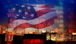 A U.S. flag and a shipping port with tariff numbers. A U.S. flag and a shipping port with tariff numbers.