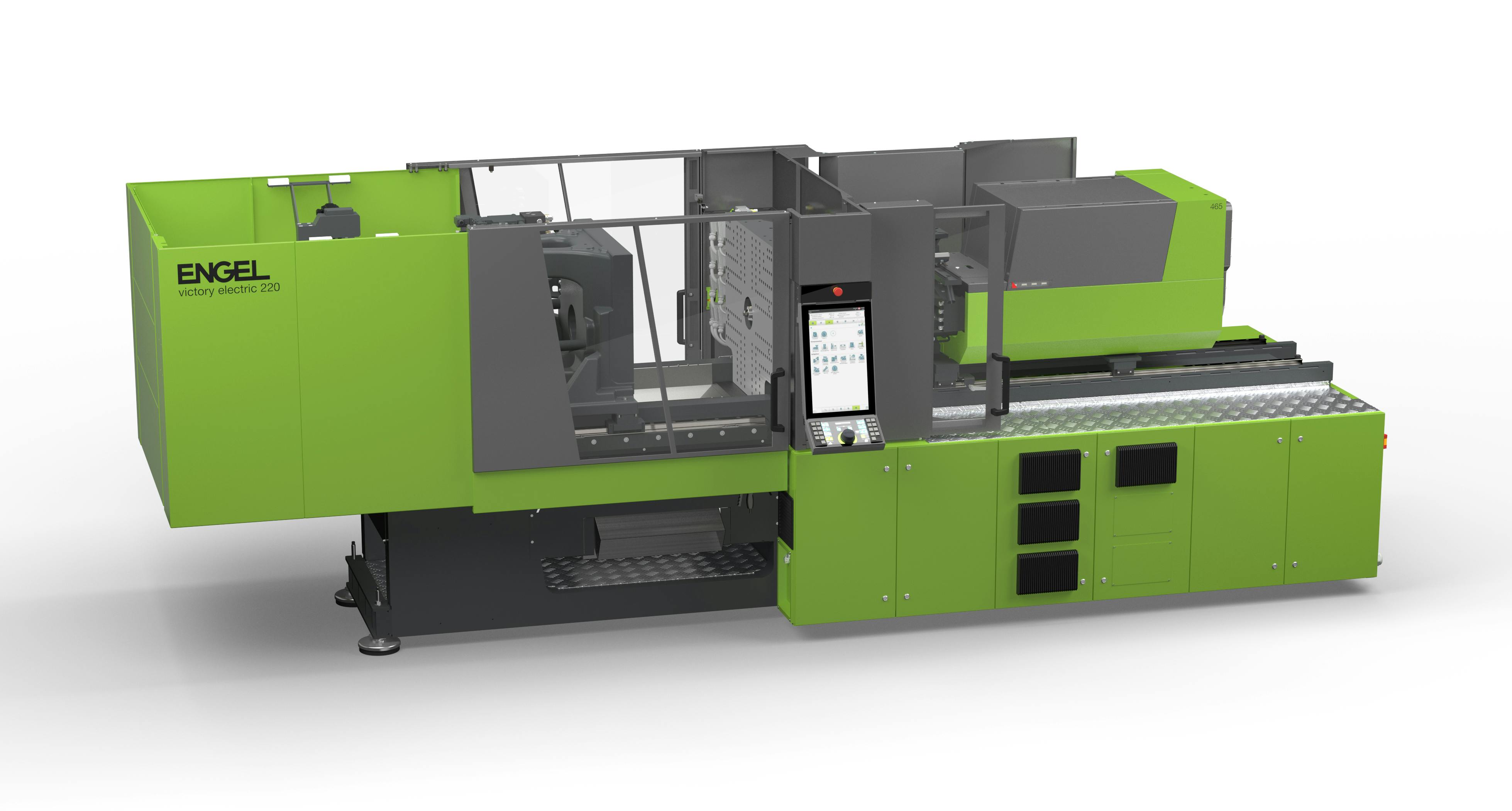 The new Engel victory electric 220 injection molding machine enables compact production thanks to its tie-bar-less design and reduced machine length.