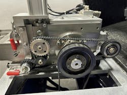 Bay Plastics Machinery's belt system for driving upper feed rolls delivers consistent pulling force. Bay Plastics Machinery's belt system for driving upper feed rolls delivers consistent pulling force.