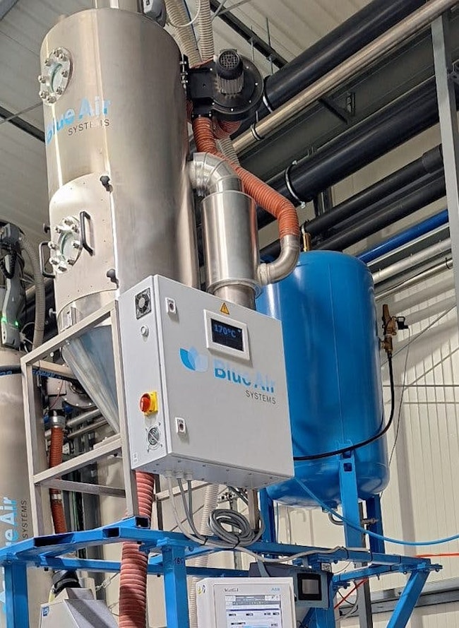 The Blue Air BBX module integrates with the existing pellet hopper of a conventional dryer.