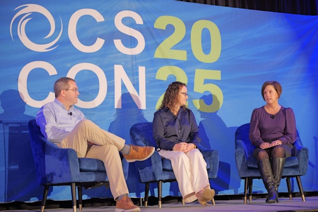 From left, Don Ray of Novolex, Katy Silva of LyondellBasell and Carrie Houtman of Dow speak at OCS CON, which focused on preventing resin loss.
