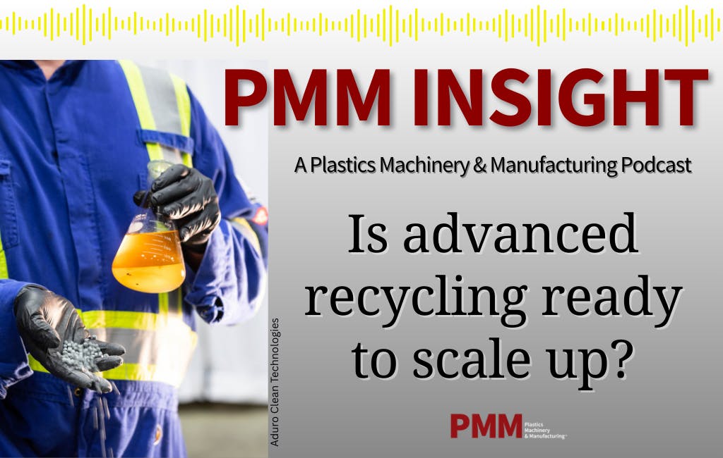 Image of worker with recycled plastic oil and pellets, with logo for PMM Insight podcast