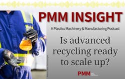 Image of worker with recycled plastic oil and pellets, with logo for PMM Insight podcast Image of worker with recycled plastic oil and pellets, with logo for PMM Insight podcast