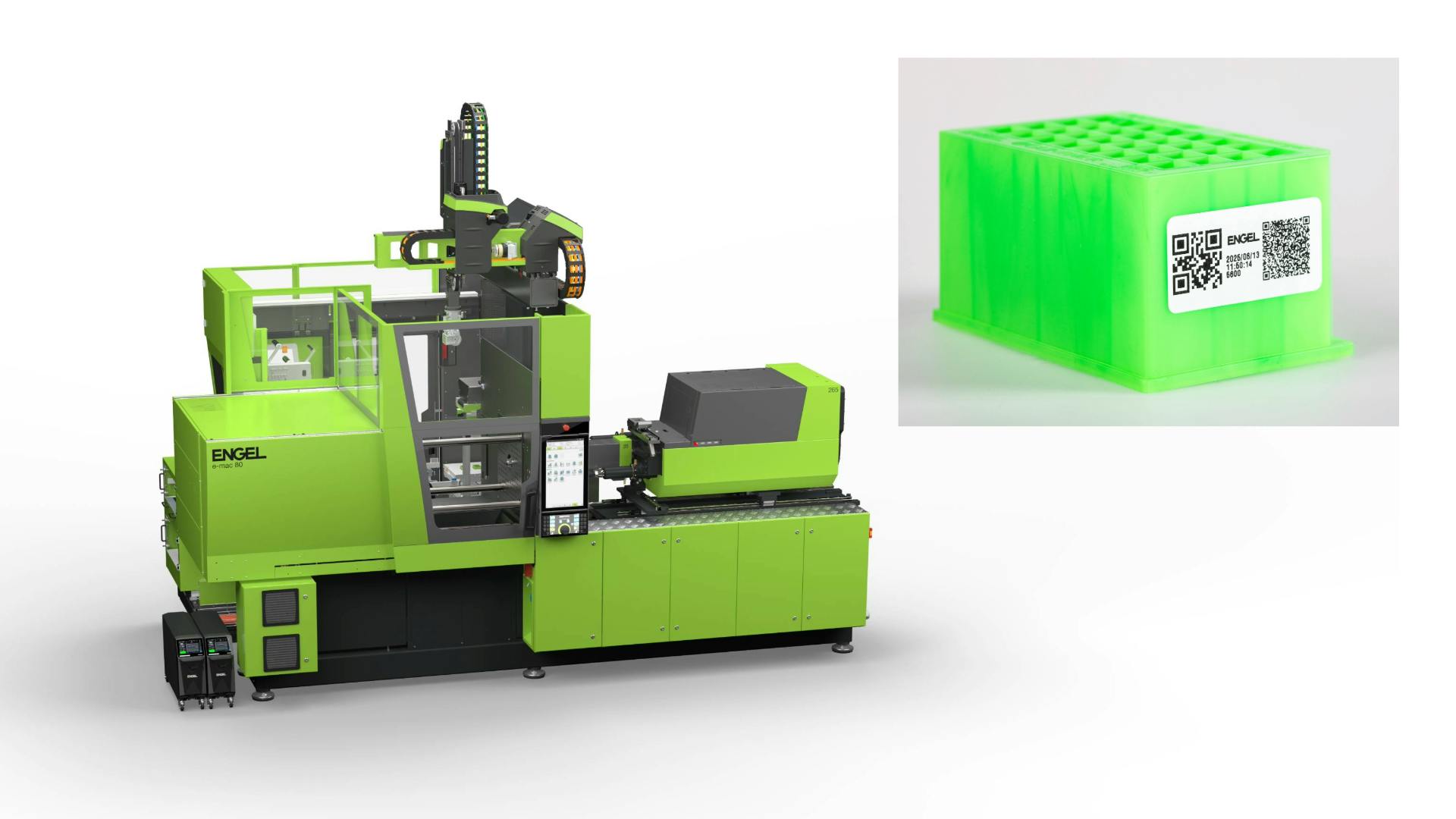 An Engel e-mac 800 injection molding machine and a green QR-coded part it produced at K 2025.
