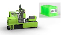An Engel e-mac 800 injection molding machine and a green QR-coded part it produced at K 2025. An Engel e-mac 800 injection molding machine and a green QR-coded part it produced at K 2025.