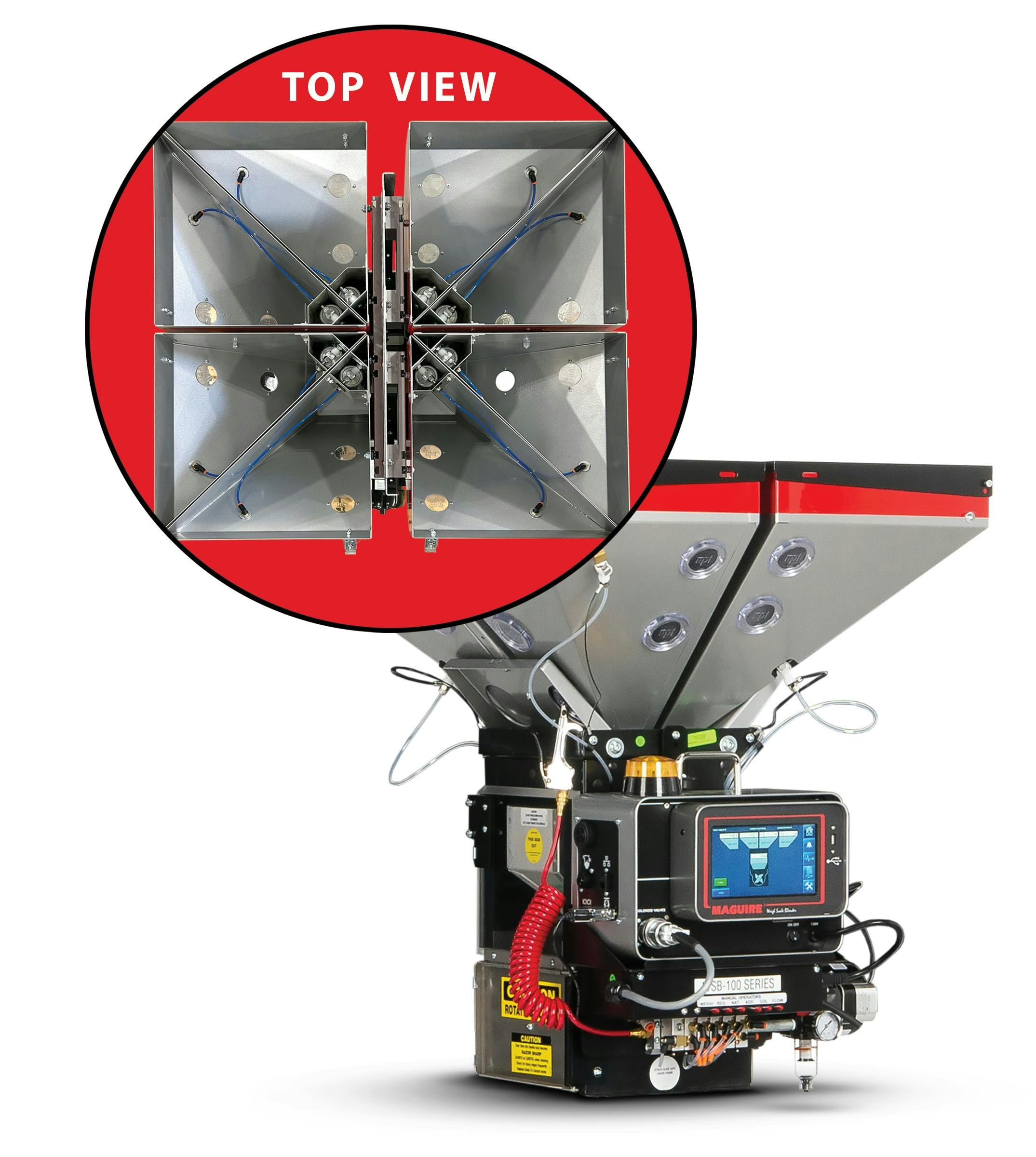 Maguire's WSB 280MP gravimetric blender has eight removable hoppers for fast material changes.