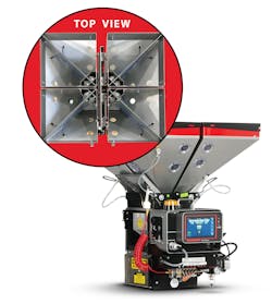 Maguire's WSB 280MP gravimetric blender has eight removable hoppers for fast material changes. Maguire's WSB 280MP gravimetric blender has eight removable hoppers for fast material changes.