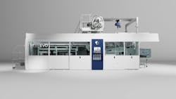 Gabler's new M100 Evo combines forming and cutting into one step. It features a maximum film width of 49.6 inches and a closing force of 127 tons. Gabler's new M100 Evo combines forming and cutting into one step. It features a maximum film width of 49.6 inches and a closing force of 127 tons.