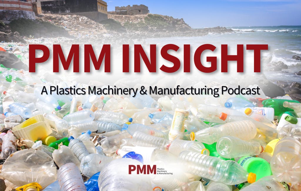PMM Insight podcast logo with backdrop of plastic trash on a beach.