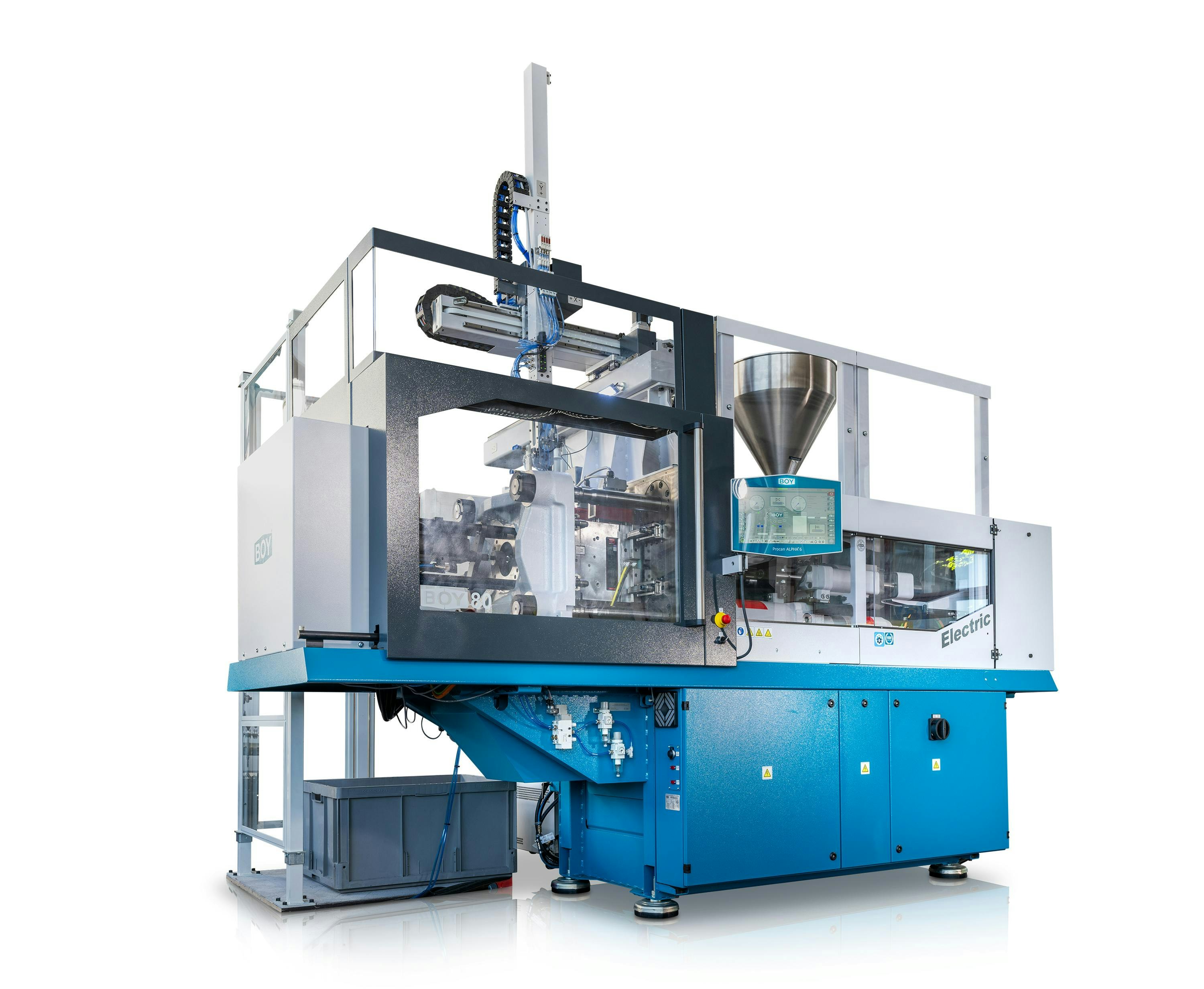 A Boy 80 Electric injection molding machine with an integrated robot.