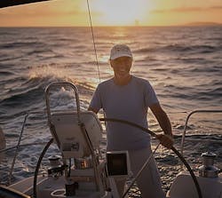 Mark Strachan poses at the helm of his sailboat, the Bella Blu, which he keeps in Florida. Mark Strachan poses at the helm of his sailboat, the Bella Blu, which he keeps in Florida.