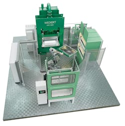 This thermoforming press from Wickert utilizes an industrial robot for loading and unloading, which improves efficiency and worker safety. This thermoforming press from Wickert utilizes an industrial robot for loading and unloading, which improves efficiency and worker safety.