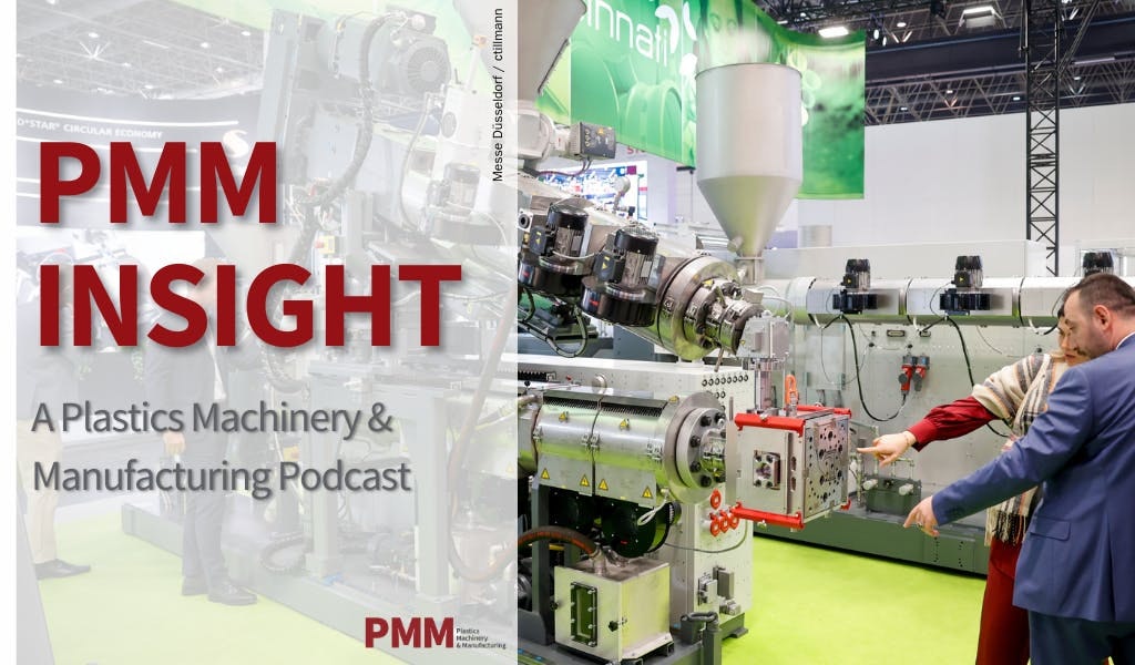 PMM Insight podcast promo with photo of two people examining an extruder.