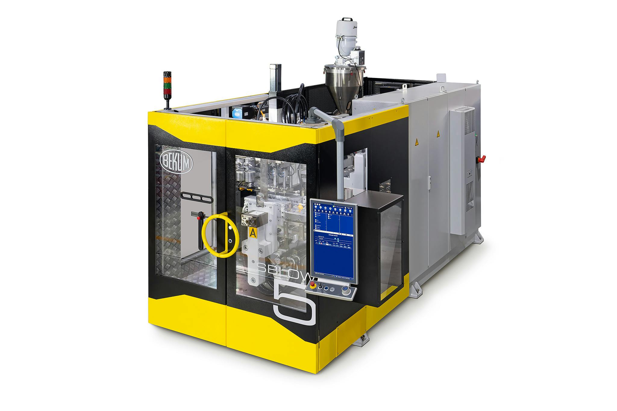 The SmartLine SBlow 5S all-electric extrusion blow molding machine features the HiPEx 36D extruder and Bekum's proprietary extrusion heads.