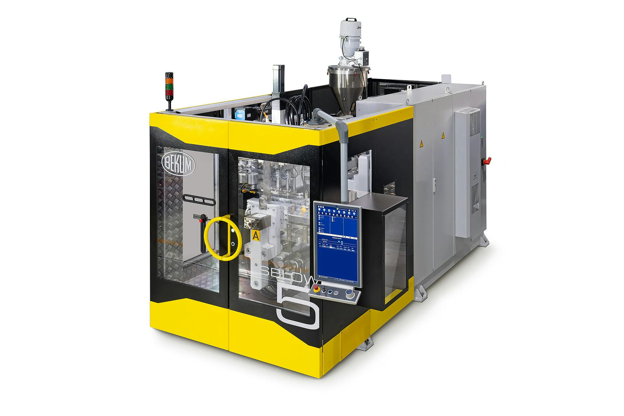 The SmartLine SBlow 5S all-electric extrusion blow molding machine features the HiPEx 36D extruder and Bekum's proprietary extrusion heads.